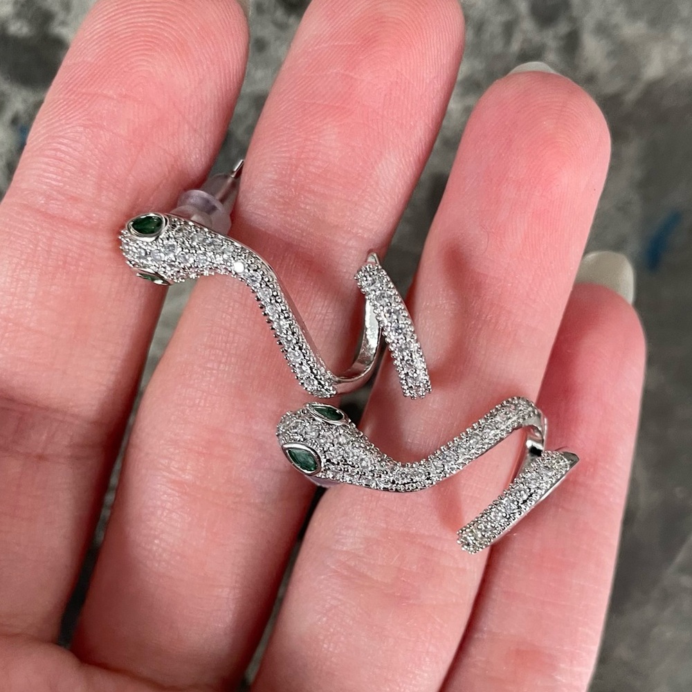 Silver Diamond Snake Ear Cuff Stud Earrings Emerald Eyes - Picture 3 of 10